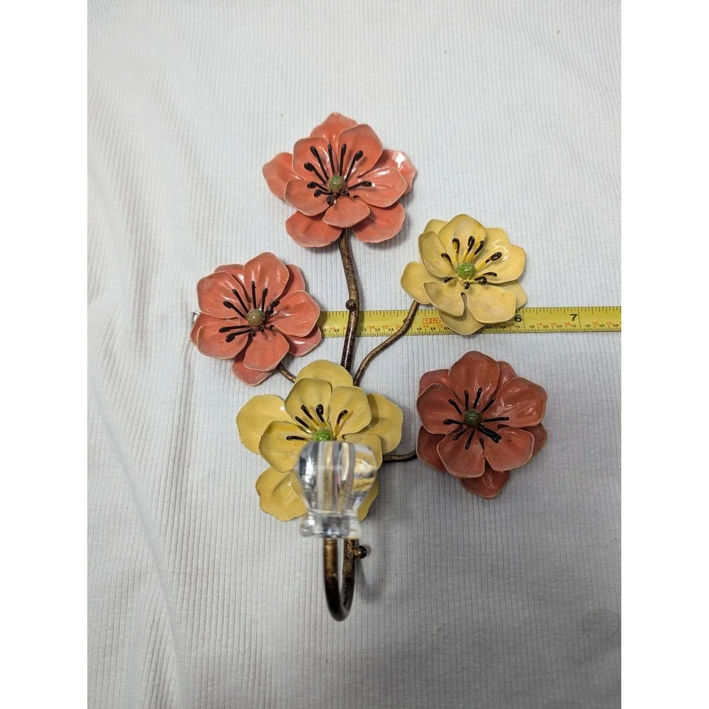 Vintage Metal Floral Wall Hooks Set of 2 Flower Branch Crystal Knob Tiebacks